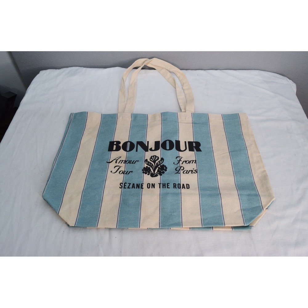 Sezane Tote Bag OS Blue Striped Bonjour Amour Paris Canvas Womens Shopper Bag